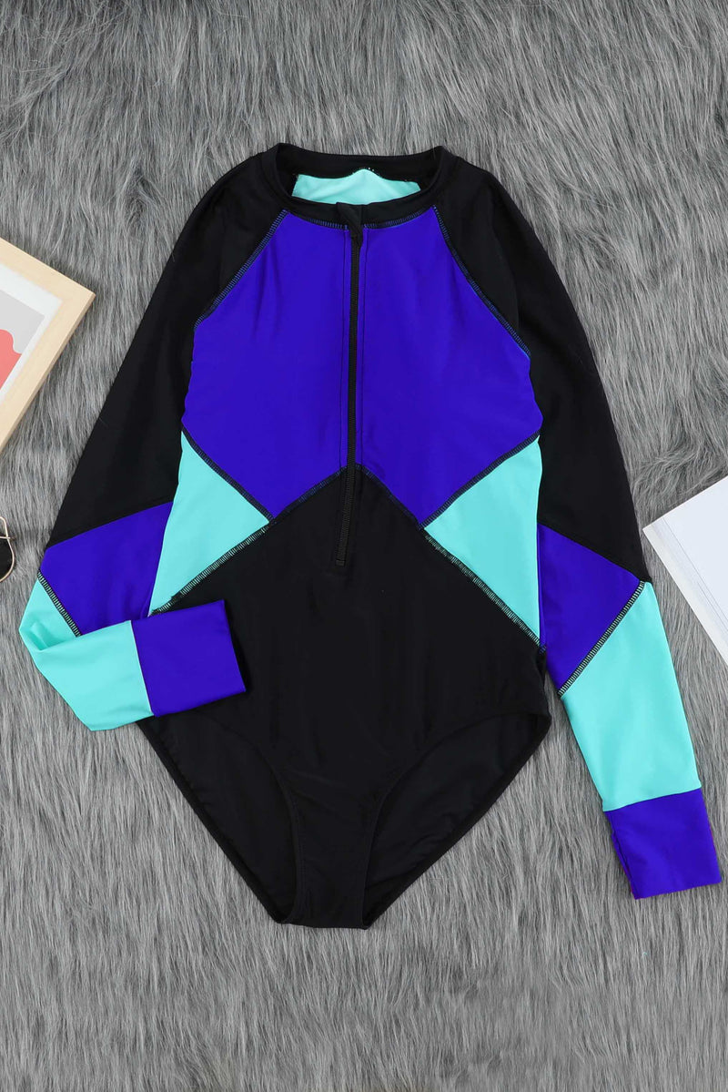 Color Block Half Zip Long Sleeve One-Piece Swimsuit - Madikfashions.com