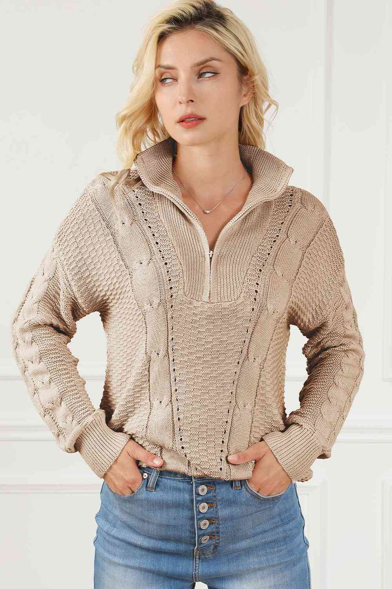 Cable-Knit Half Zip Long Sleeve Sweater