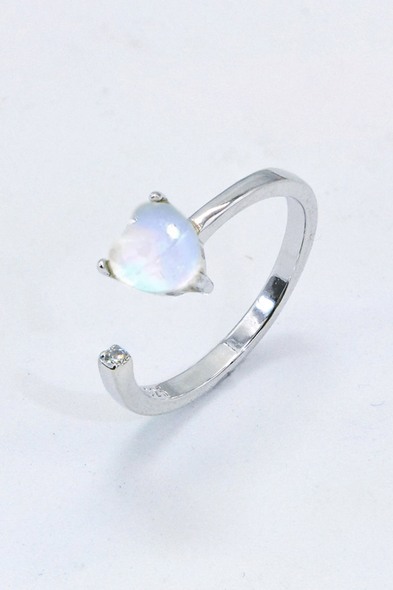 Inlaid Moonstone Heart Adjustable Open Ring Trendsi