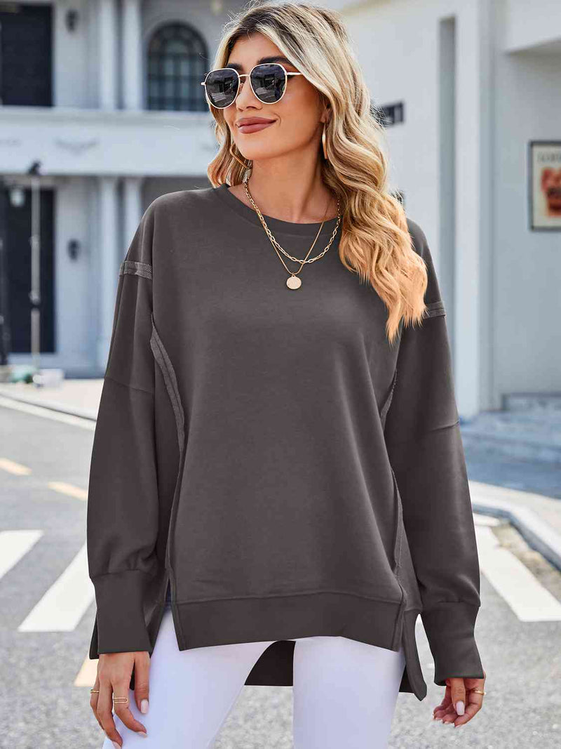 Exposed Seam High-Low Round Neck Sweatshirt