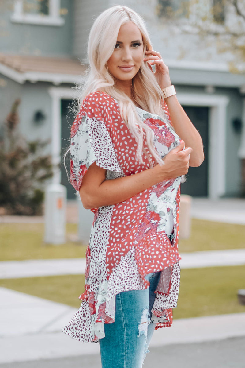 Mixed Print Ruffle Hem Kimono - Madikfashions.com