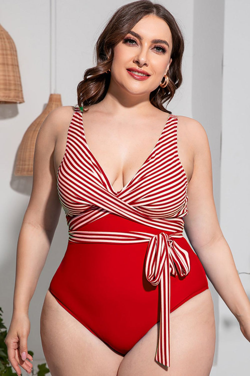 Plus Size Striped Tie-Waist One-Piece Swimsuit - Madikfashions.com