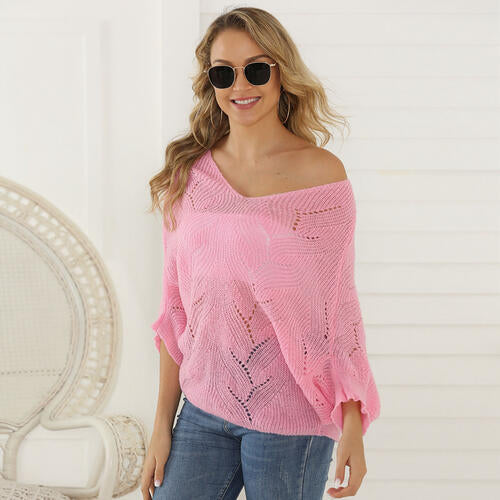 Eyelet V-Neck Batwing Sleeve Knit Top