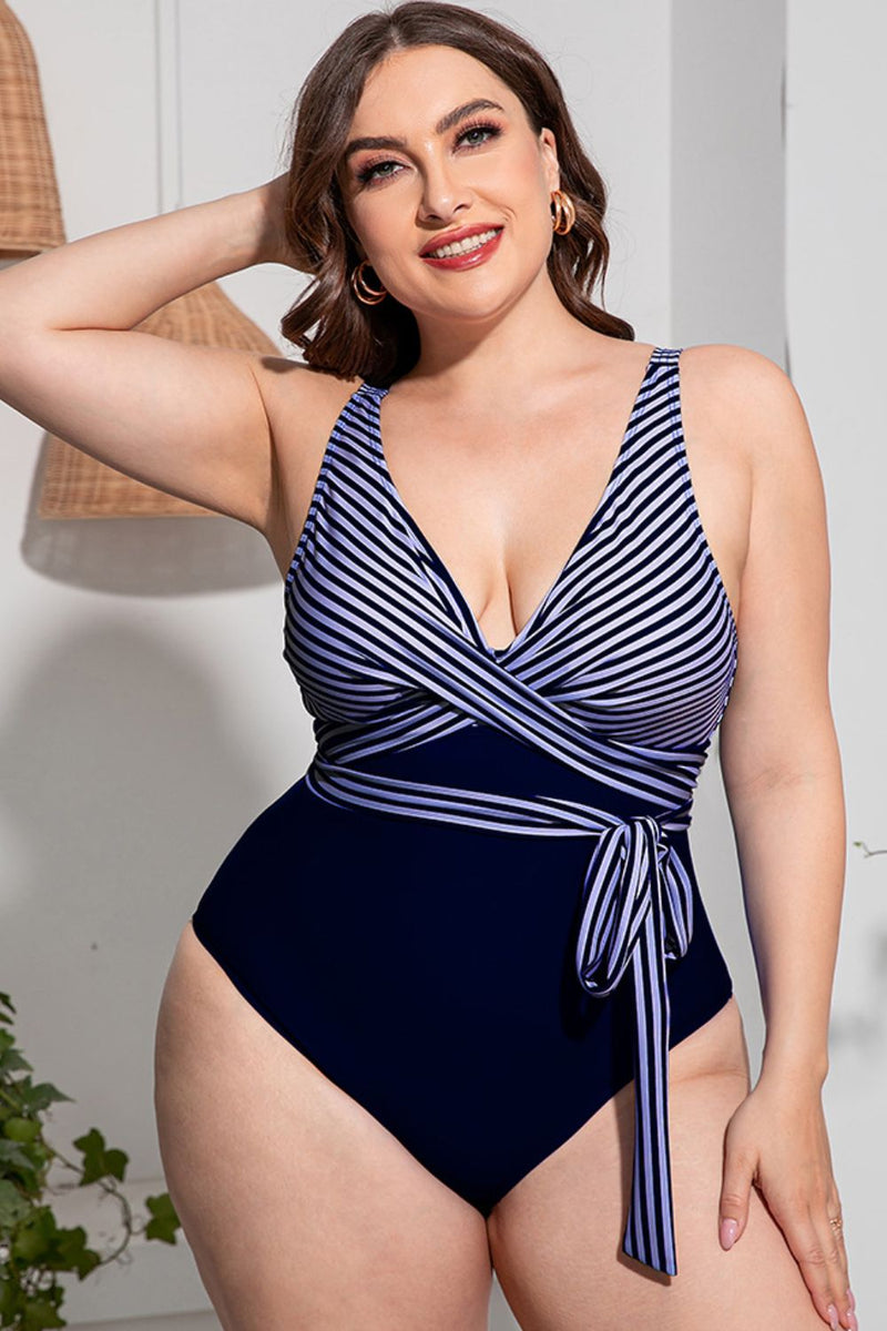 Plus Size Striped Tie-Waist One-Piece Swimsuit - Madikfashions.com