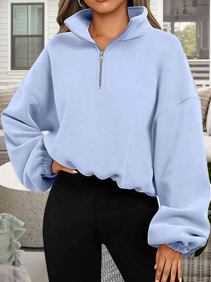 Half-Zip Collared Drop Shoulder Fleece Sweatshirt