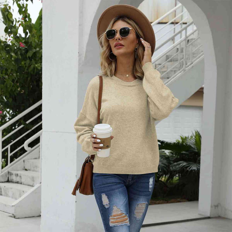 Round Neck Long Sleeve Drop Shoulder Sweater