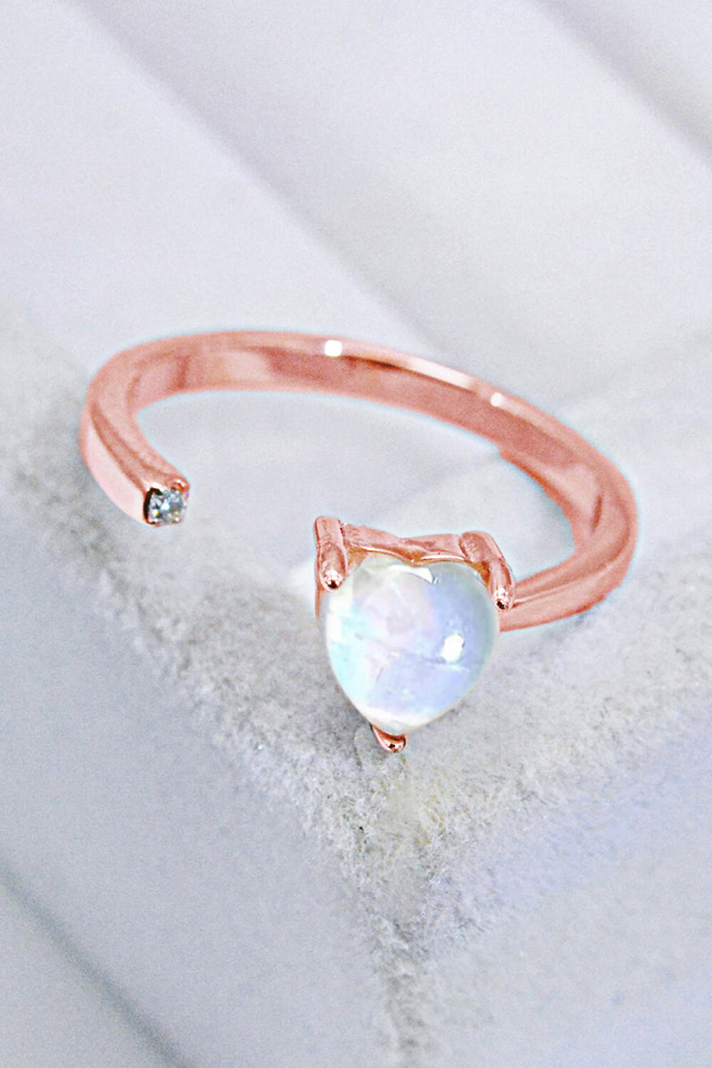 Inlaid Moonstone Heart Adjustable Open Ring Trendsi