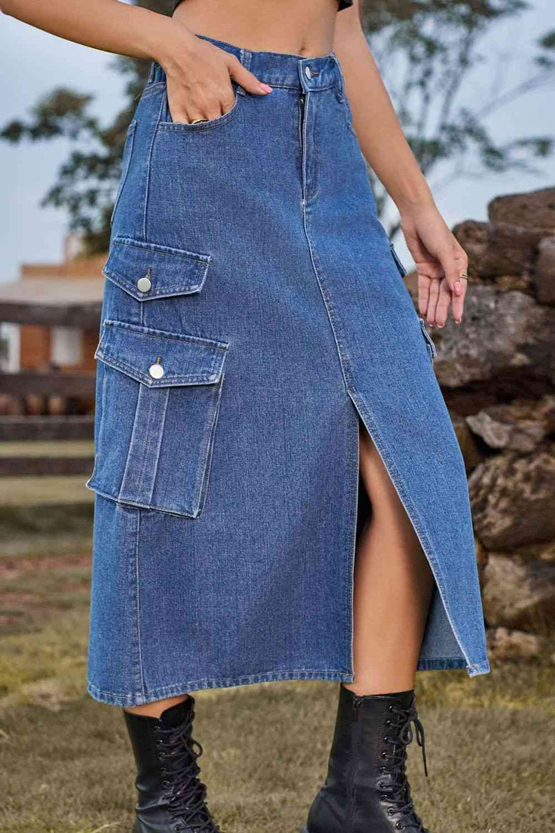 Slit Front Midi Denim Skirt with Pockets