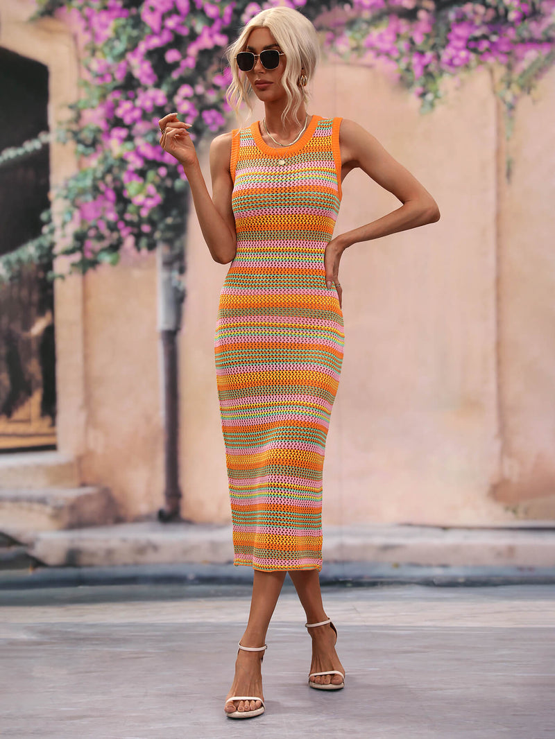 Striped Round Neck Sleeveless Midi Cover Up Dress - Madikfashions.com