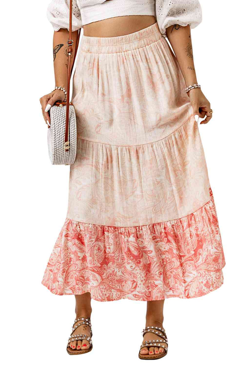 Floral Color Block Tiered Skirt