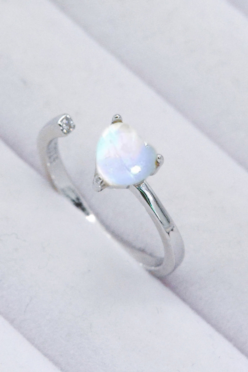 Inlaid Moonstone Heart Adjustable Open Ring Trendsi