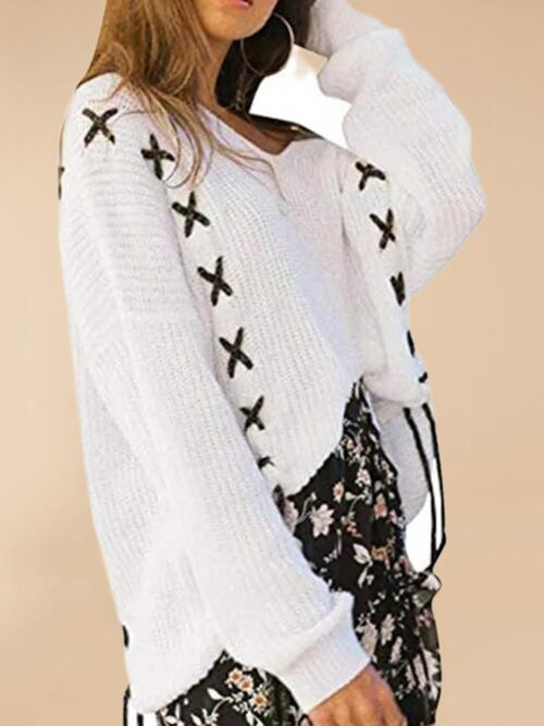 Ribbed Lace-Up Dropped Shoulder Sweater