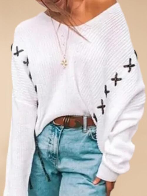 Ribbed Lace-Up Dropped Shoulder Sweater