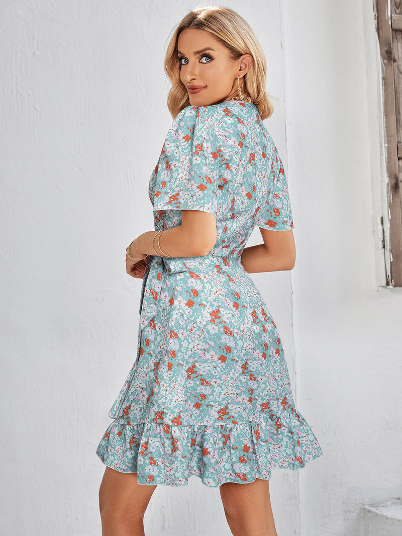 Floral Short Sleeve Ruffle Hem Dress