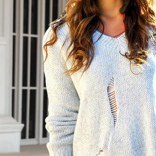 Distressed Dropped Shoulder Long Sleeve Sweater