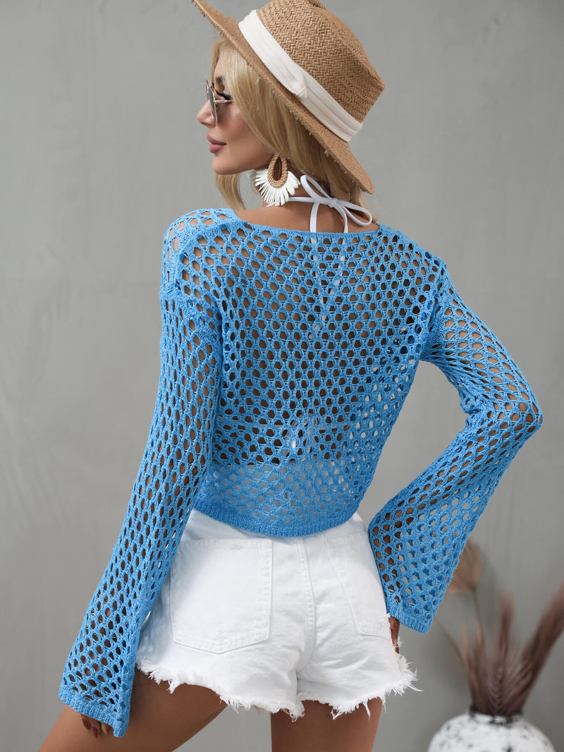 Openwork Flare Sleeve Cropped Cover Up - Madikfashions.com