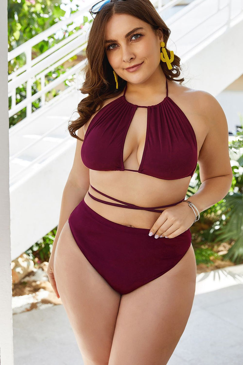 Plus Size Cutout Tied Backless Bikini Set - Madikfashions.com