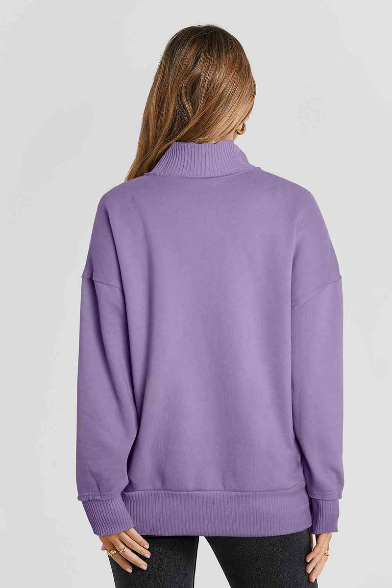 Half Snap Drop Shoulder Long Sleeve Sweatshirt