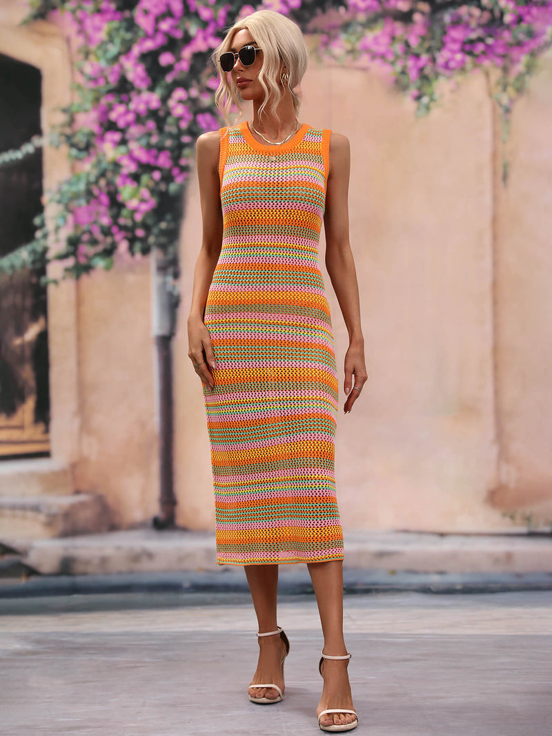 Striped Round Neck Sleeveless Midi Cover Up Dress - Madikfashions.com