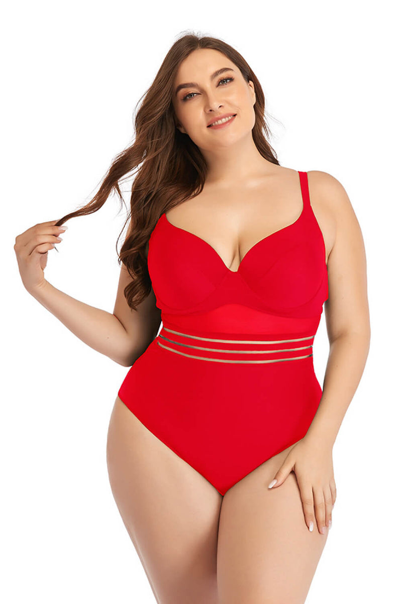 Plus Size Spliced Mesh Tie-Back One-Piece Swimsuit - Madikfashions.com