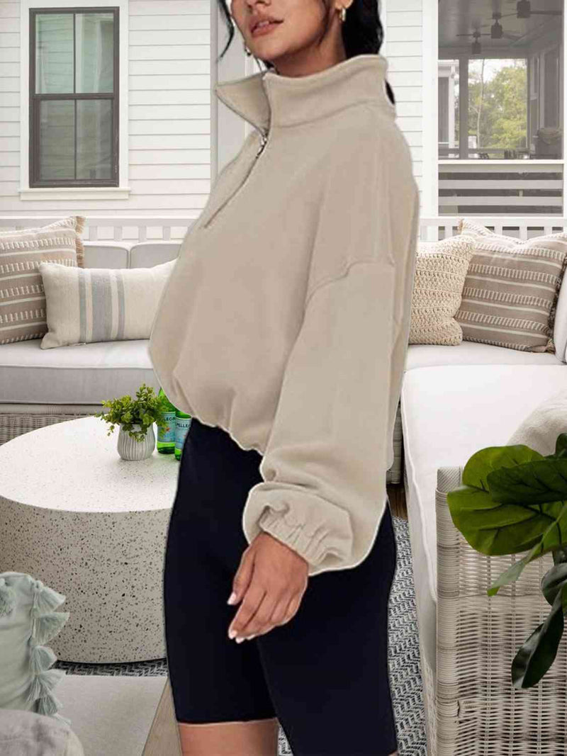 Half-Zip Collared Drop Shoulder Fleece Sweatshirt