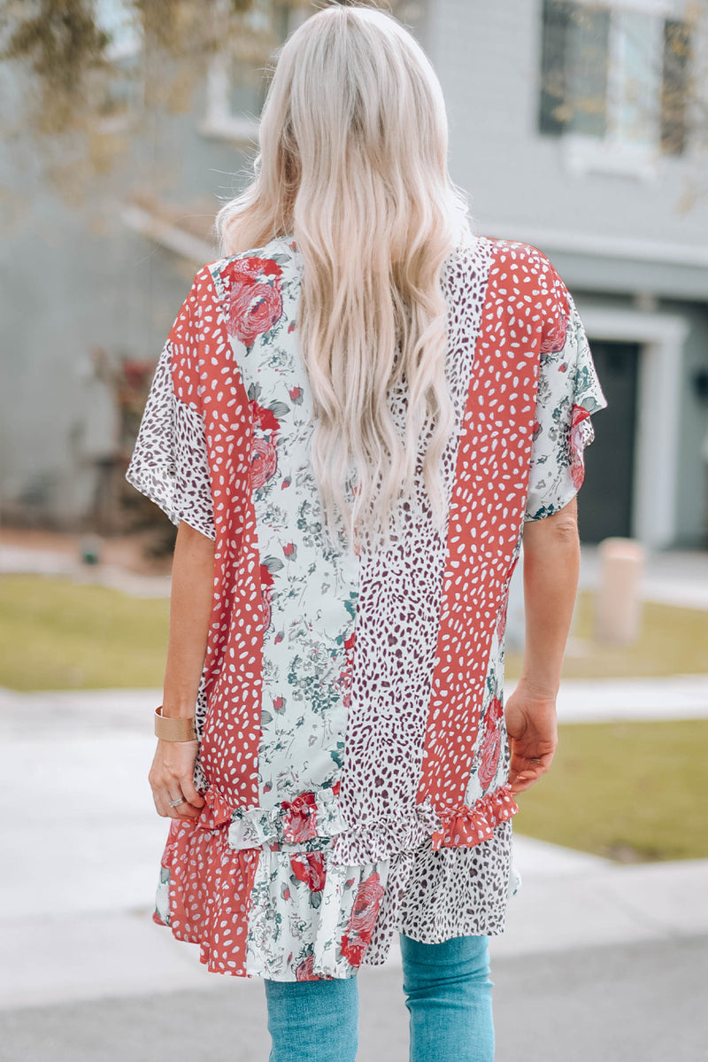 Mixed Print Ruffle Hem Kimono - Madikfashions.com