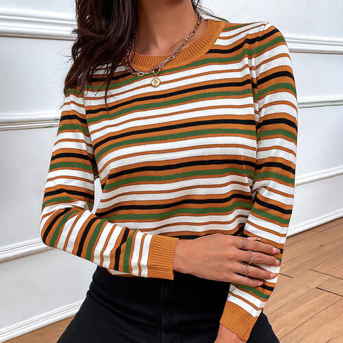 Striped Round Neck Long Sleeve Sweater