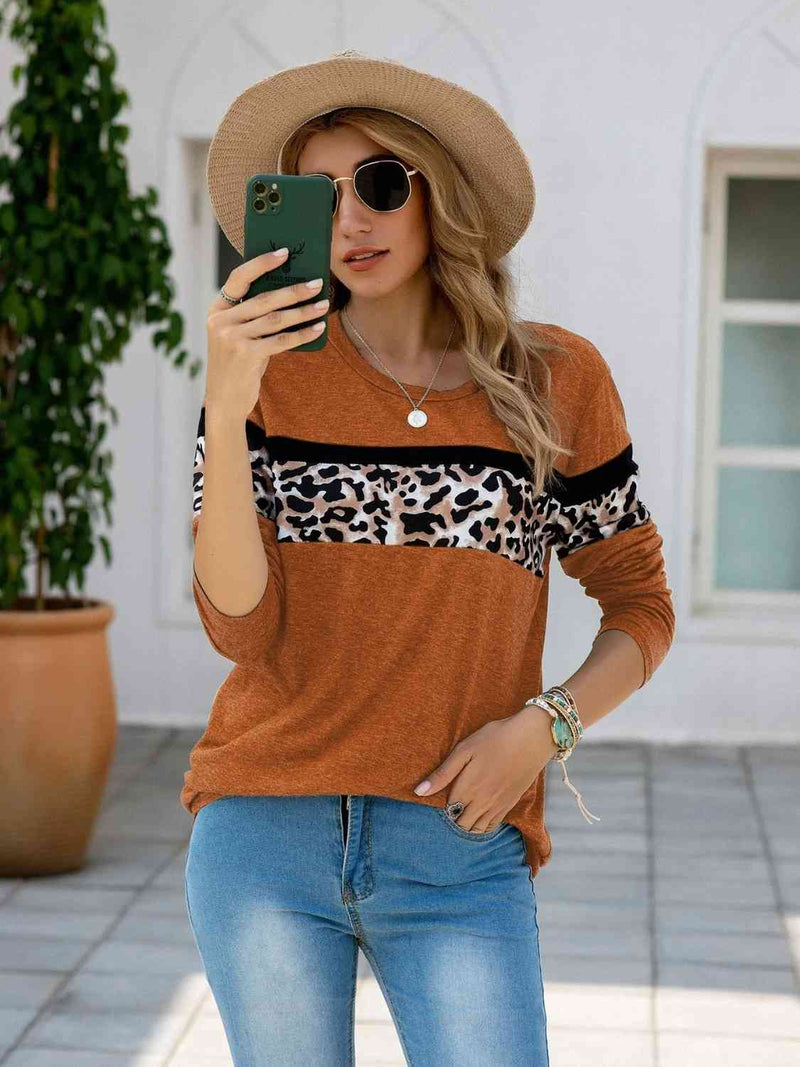 Leopard Round Neck Long Sleeve T-Shirt