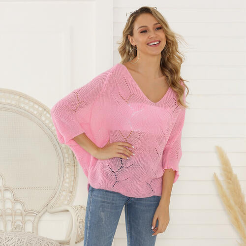 Eyelet V-Neck Batwing Sleeve Knit Top