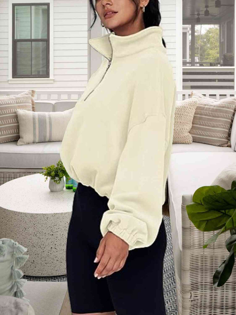 Half-Zip Collared Drop Shoulder Fleece Sweatshirt