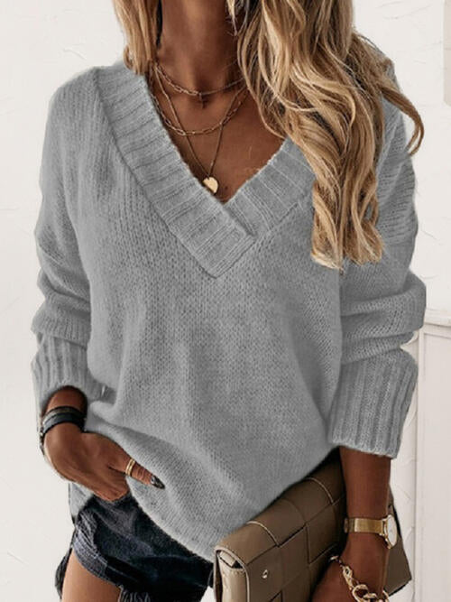 V-Neck Long Sleeve Knit Top