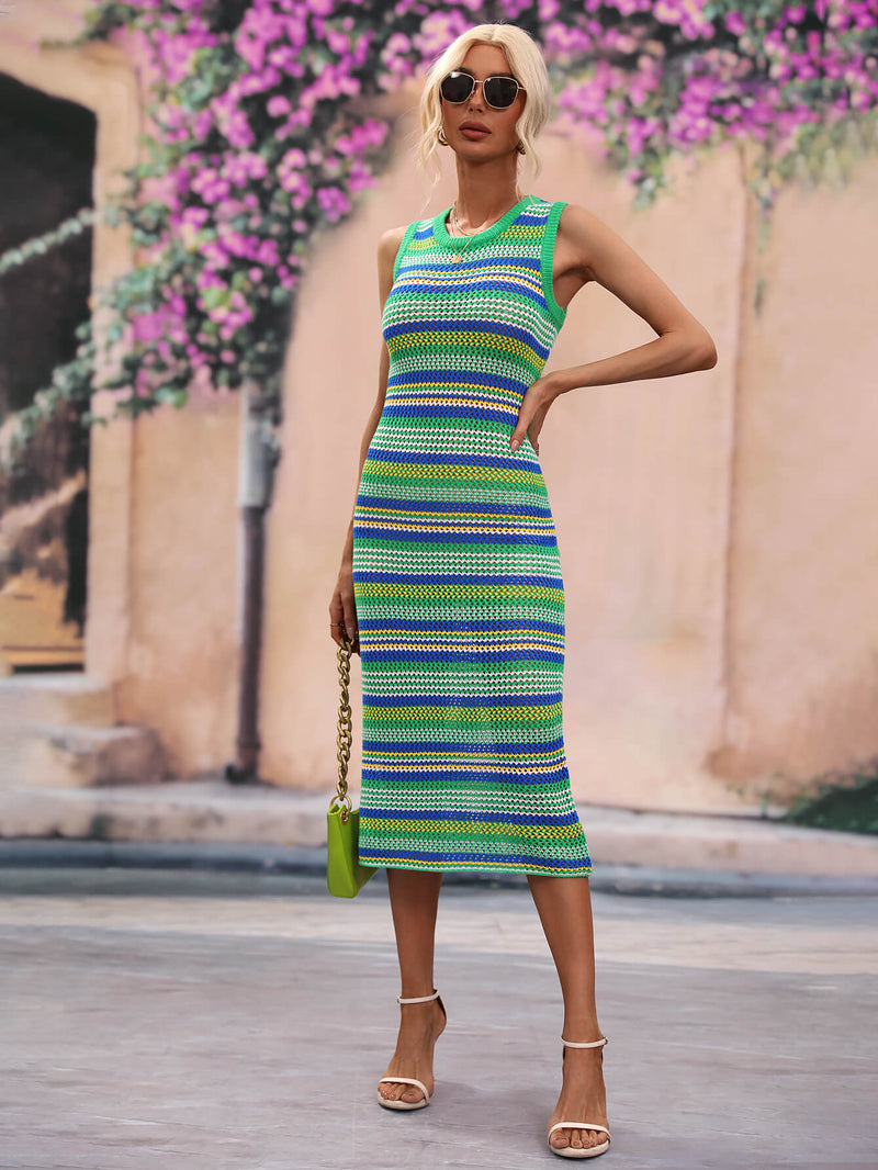 Striped Round Neck Sleeveless Midi Cover Up Dress - Madikfashions.com