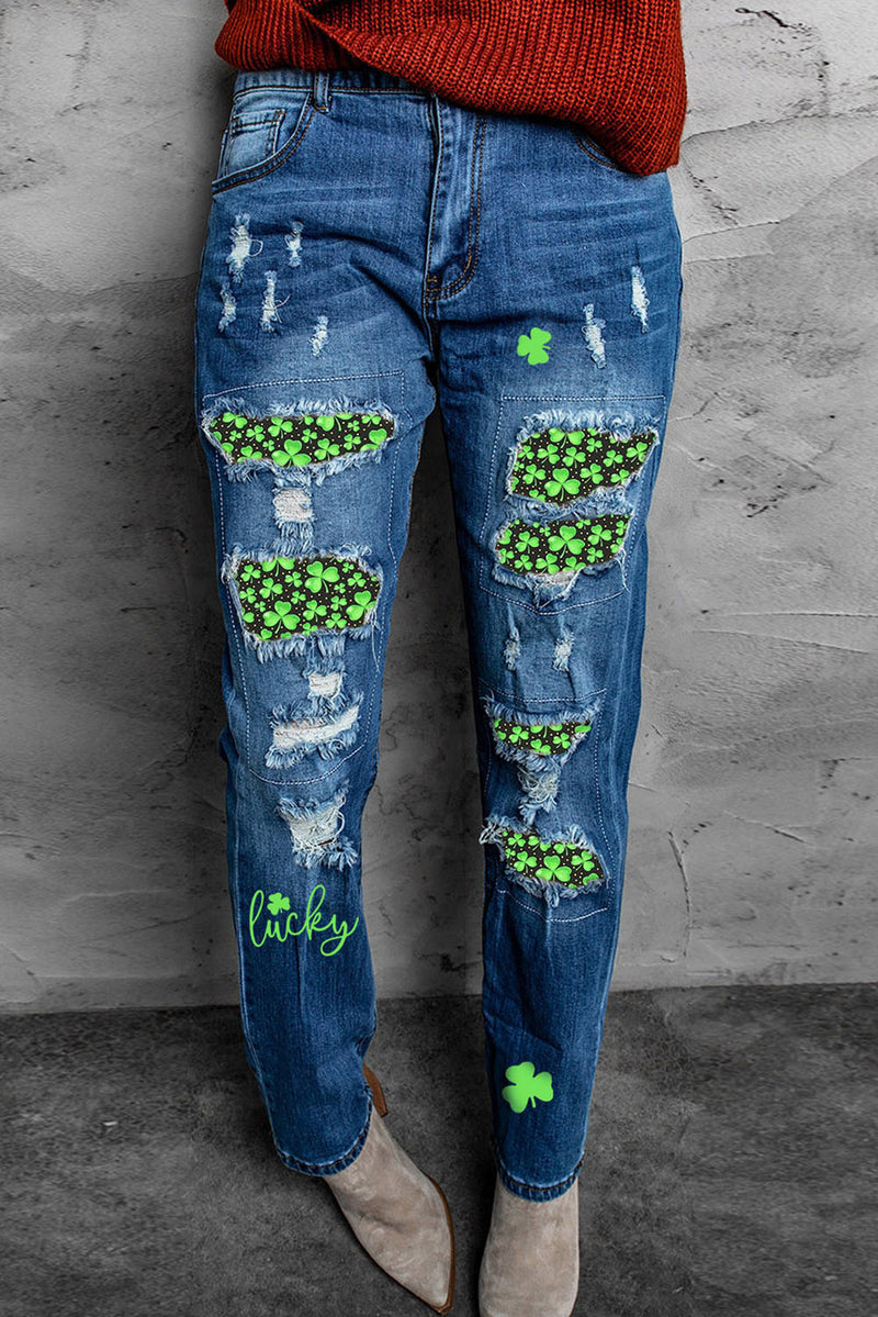 Printed Patch Distressed Boyfriend Jeans