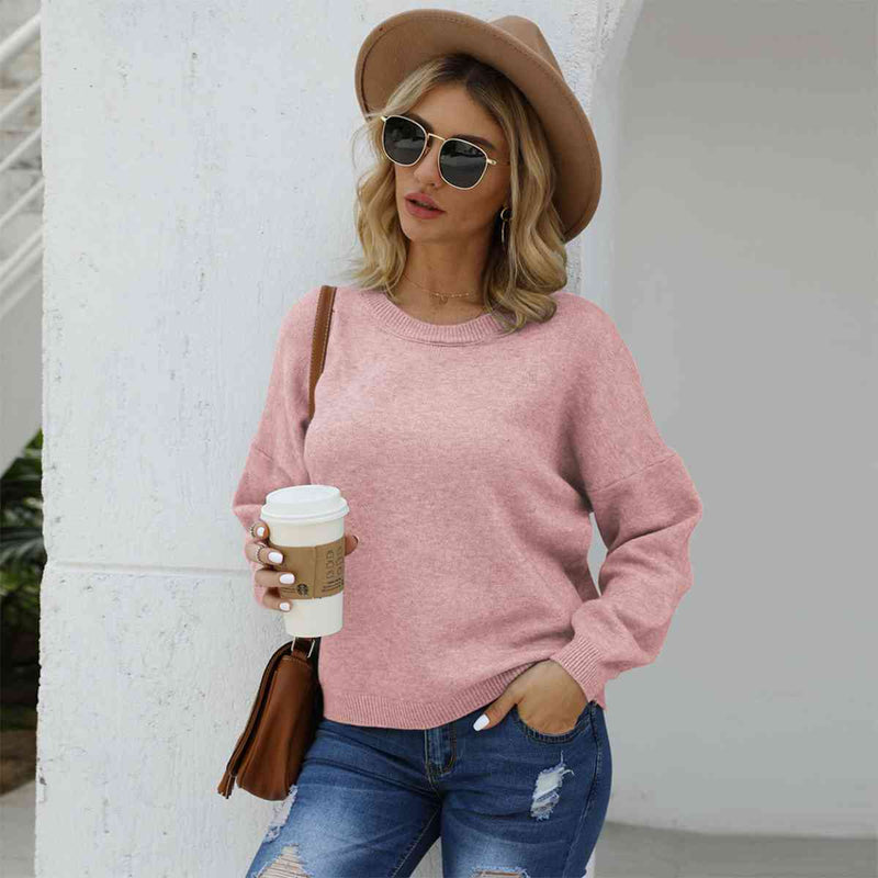 Round Neck Long Sleeve Drop Shoulder Sweater