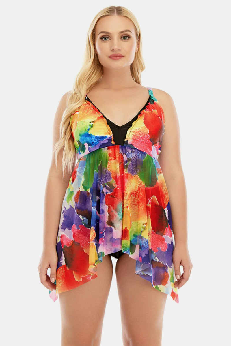 Plus Size Printed Spaghetti Strap V-Neck Two-Piece Swim Set - Madikfashions.com