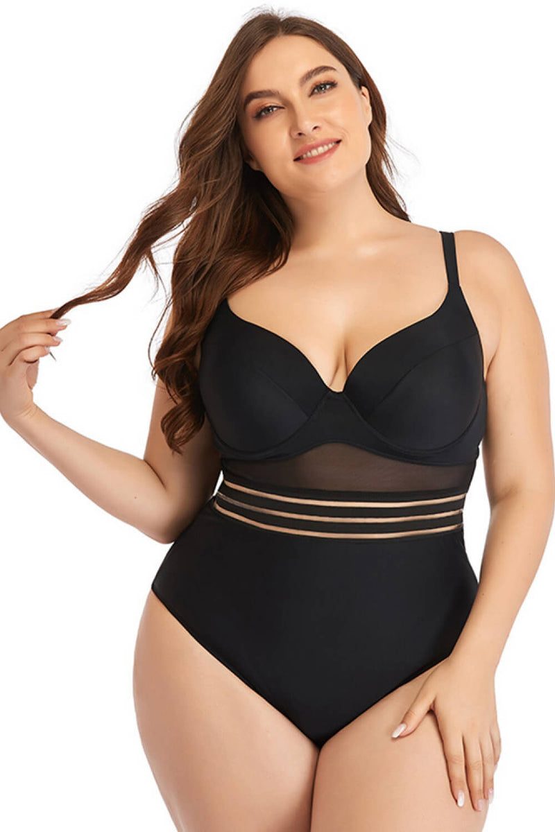 Plus Size Spliced Mesh Tie-Back One-Piece Swimsuit - Madikfashions.com