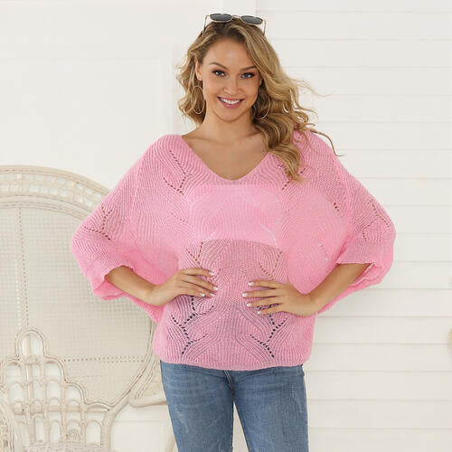 Eyelet V-Neck Batwing Sleeve Knit Top