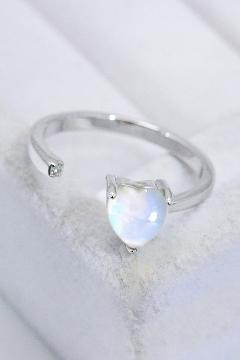 Inlaid Moonstone Heart Adjustable Open Ring Trendsi