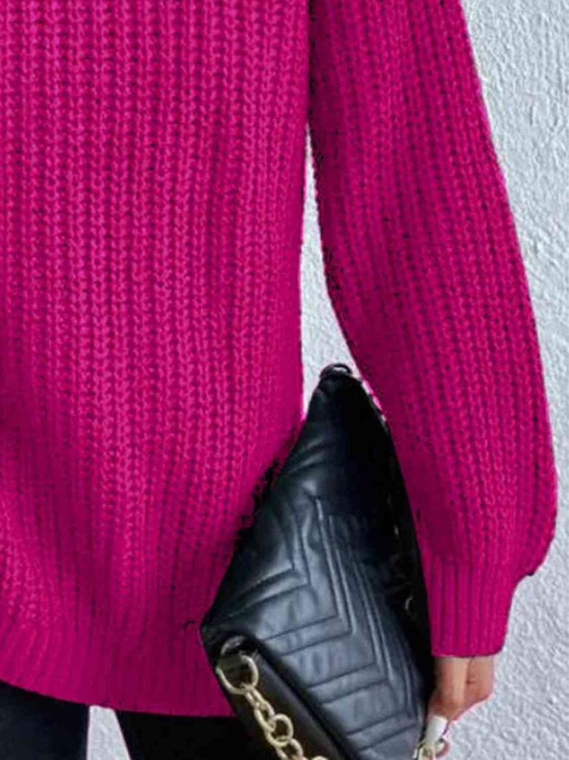 Full Size Turtleneck Rib-Knit Slit Sweater