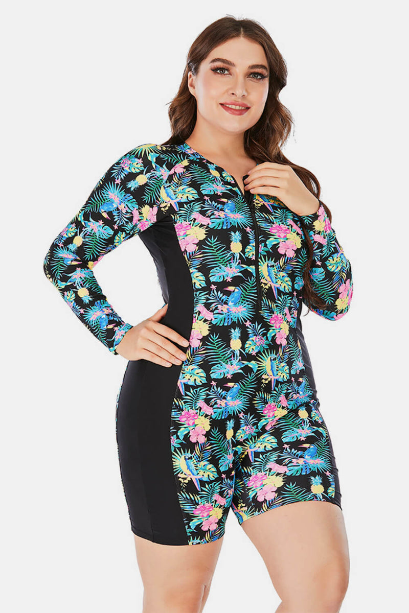 Plus Size Floral Zip Up  Long Sleeve Short Wetsuit - Madikfashions.com