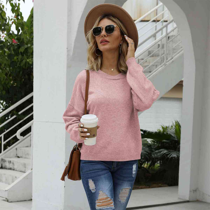 Round Neck Long Sleeve Drop Shoulder Sweater