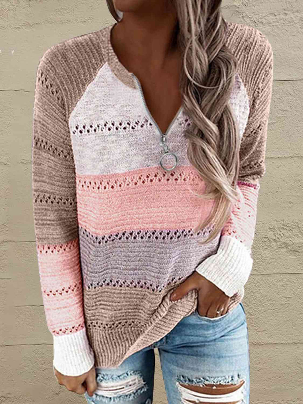 Full Size Color Block Half Zip Sweater