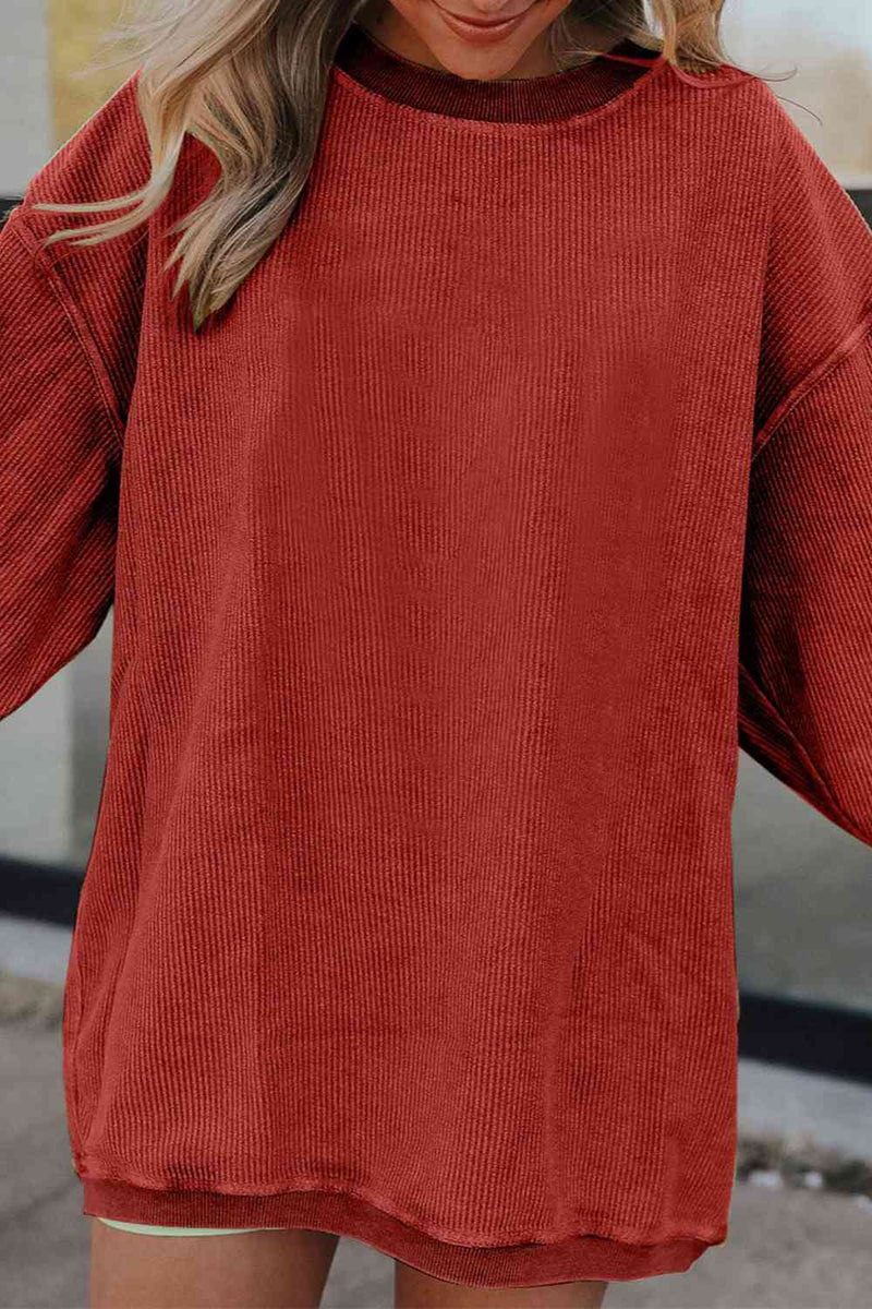 Ribbed Round Neck Drop Shoulder Sweatshirt