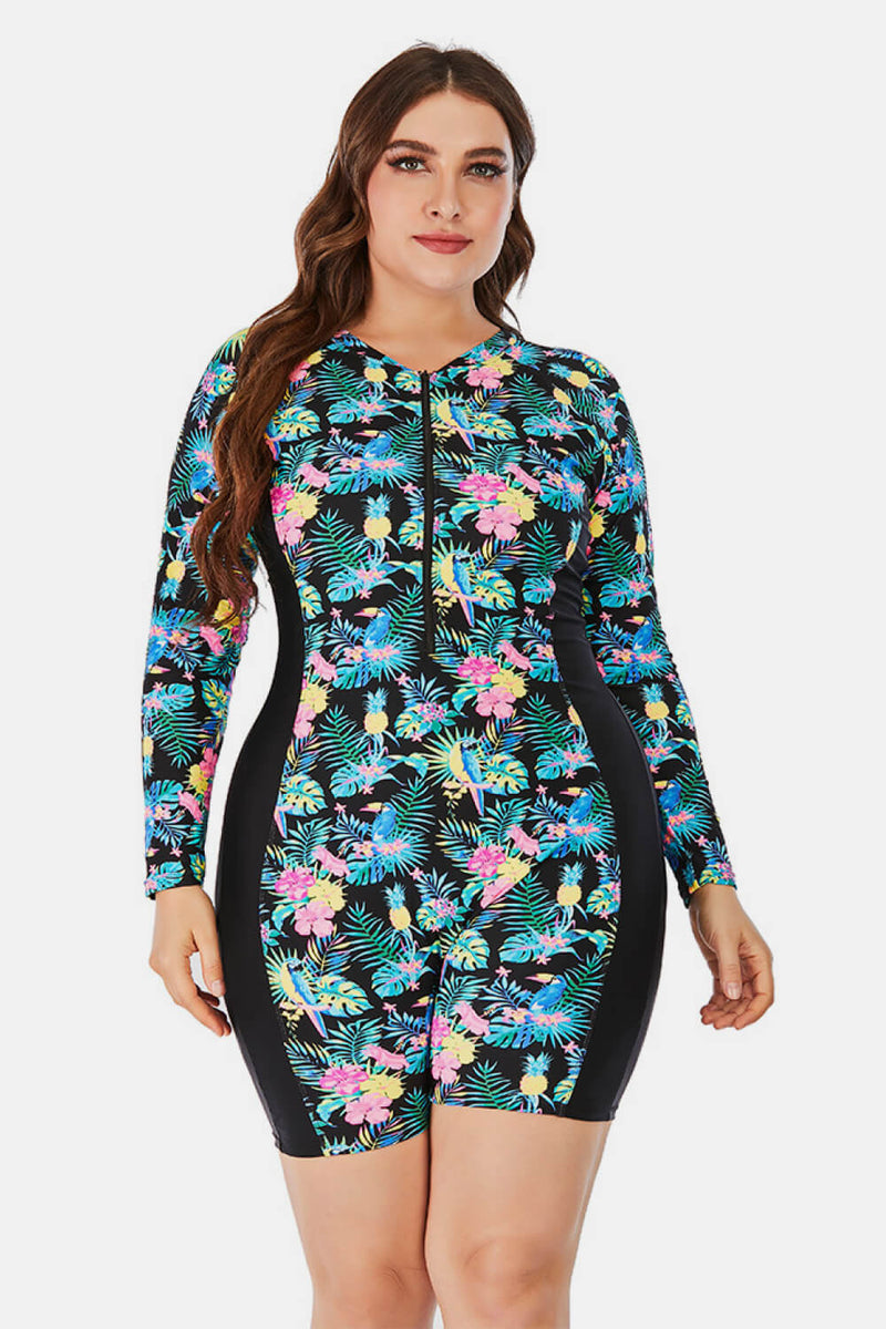 Plus Size Floral Zip Up  Long Sleeve Short Wetsuit - Madikfashions.com