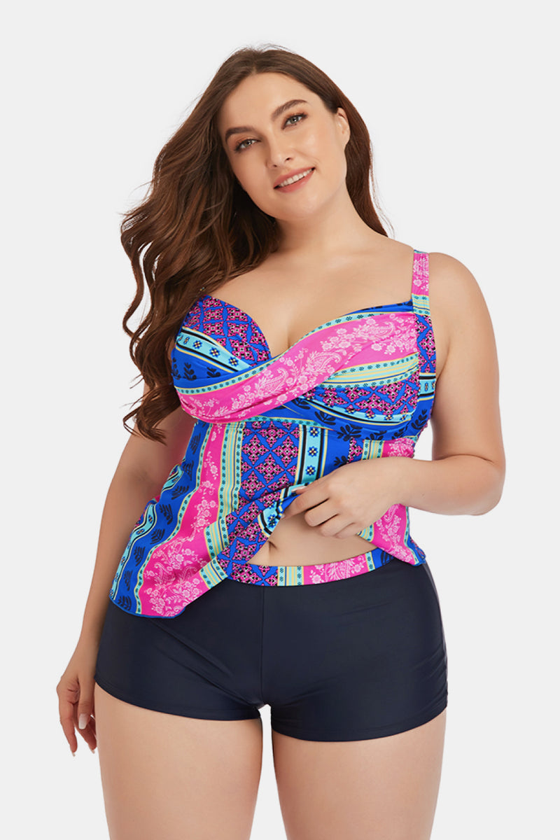 Plus Size Printed Crisscross Cutout Two-Piece Swim Set - Madikfashions.com