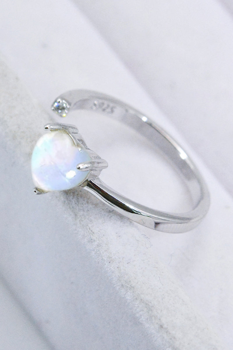 Inlaid Moonstone Heart Adjustable Open Ring Trendsi