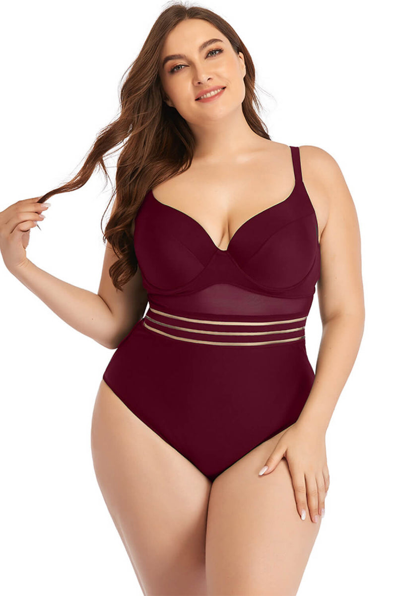 Plus Size Spliced Mesh Tie-Back One-Piece Swimsuit - Madikfashions.com