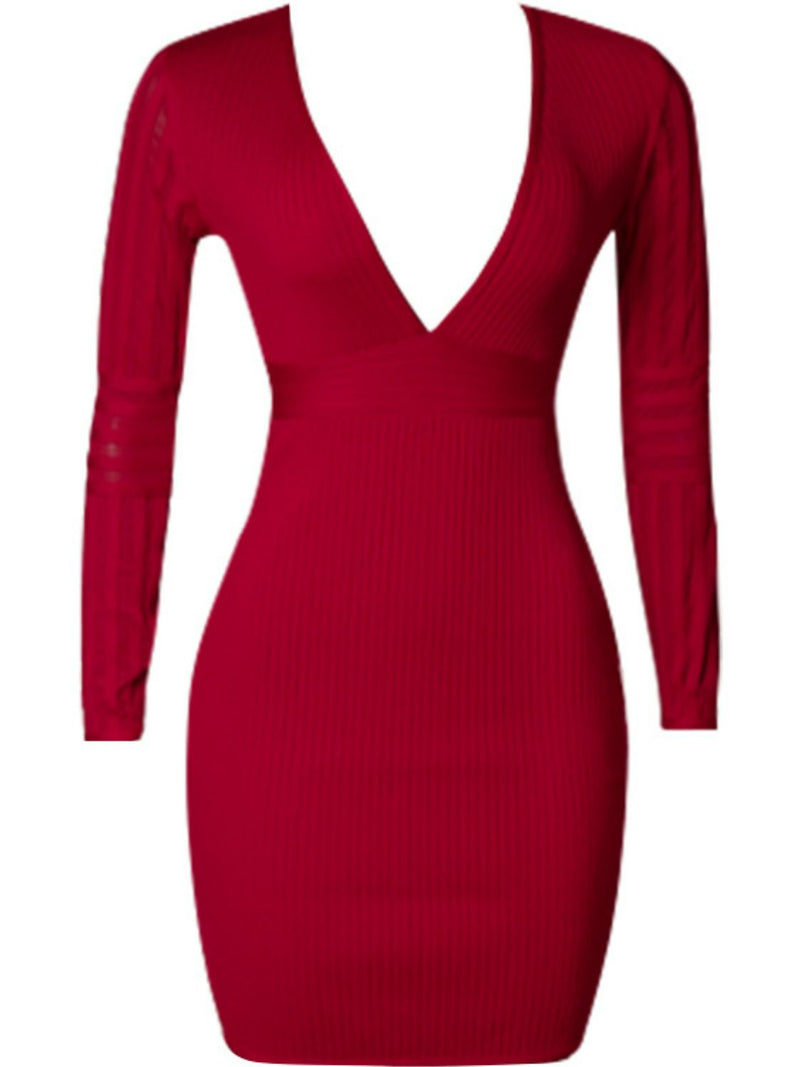 Ribbed Deep V Long Sleeve Mini Bandage Dress - Madikfashions.com