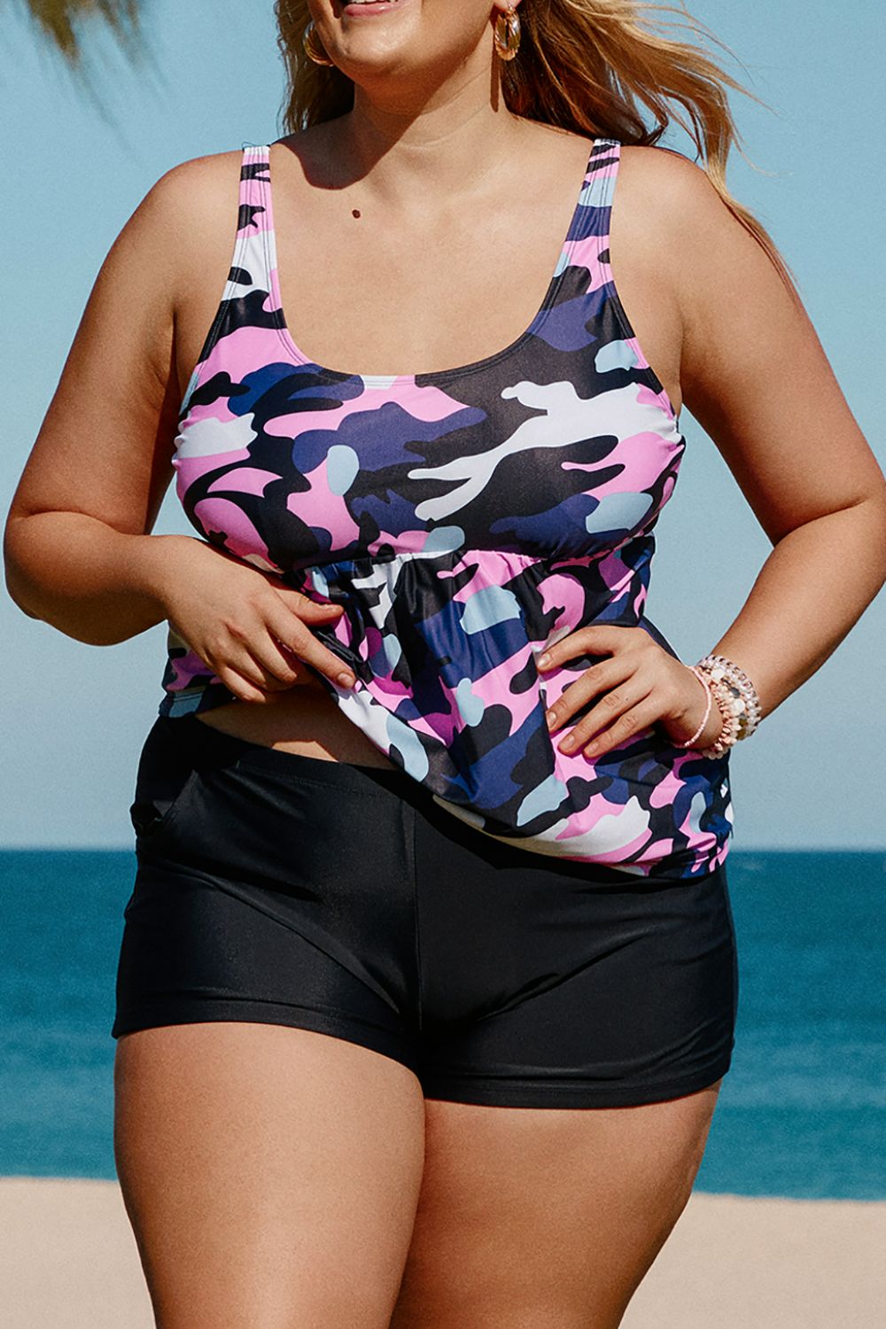 Plus Size Camouflage Peplum Two-Piece Tankini Set - Madikfashions.com