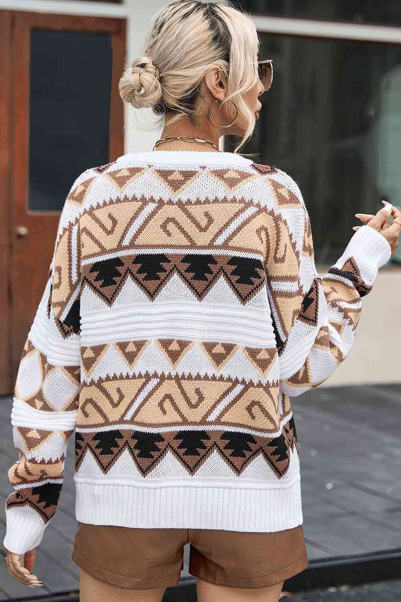 Geometric Round Neck Dropped Shoulder Sweater